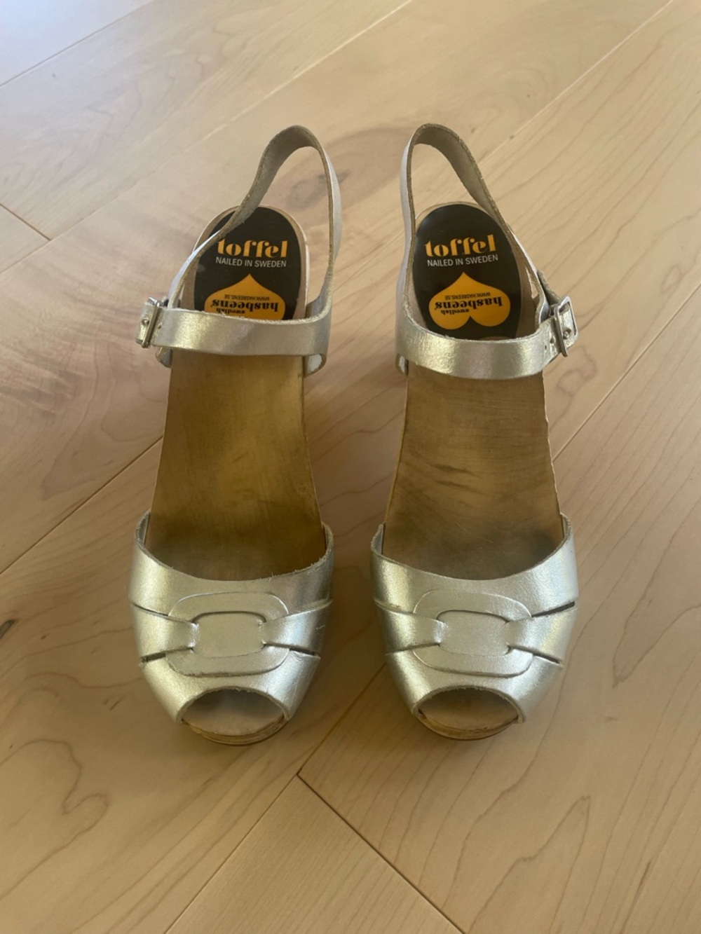 Swedish Hasbeens Metallic Silver Slingback Peep-Toe Heels